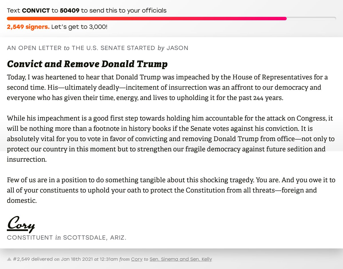 openletterbot's tweet image. 🖋 Sign “Convict and Remove Donald Trump” and I’ll deliver a copy to your officials: 

📨 No. 2,549 is from Cory to @SenatorSinema and @SenMarkKelly #AZ06 #AZpol