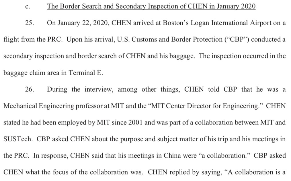 25-27. 22 Jan 2020, at Logan Airport, Chen's devices were "detained".8 Mar 2020, "the Government applied for, and obtained, a Fed. R. Crim. P. 41 search warrant."18 Mar 2020, McCarthy "applied for and obtained a search warrant for the contents of CHEN’s electronic devices."