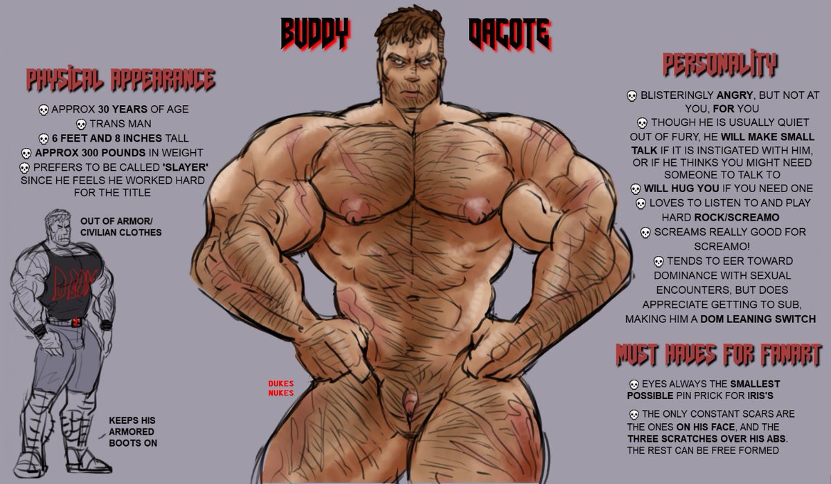 dukes_nukes's tweet photo. FINALLY!!! A proper reference of Buddy since ive had a few people doodle him!!! I made notes on his personality stuff too :))
#DOOM #doomguy #nsfw #suggestive #muscle #TransDoomguy #trans #FanOc https://t.co/SVd4p6jCAG