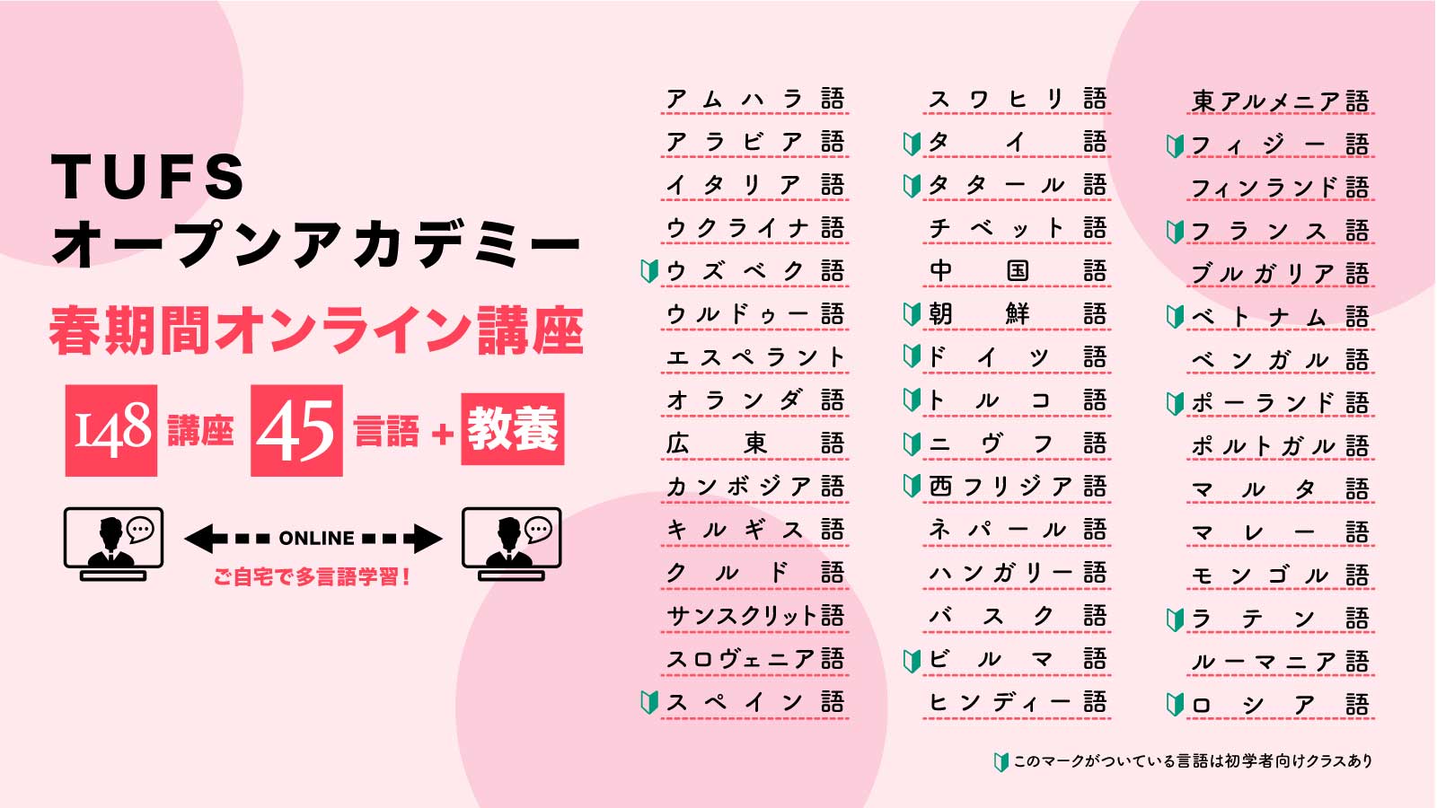 東京外国語大学 Tufs Tufs Today特集 Tufsオープンアカデミー春 11月からオンライン講座を開始したオープンアカデミー 春も45言語 教養の開講します ウズベク語 タタール語 ニヴフ語 フィジー語 ラテン語 西フリジア語 トルコ語