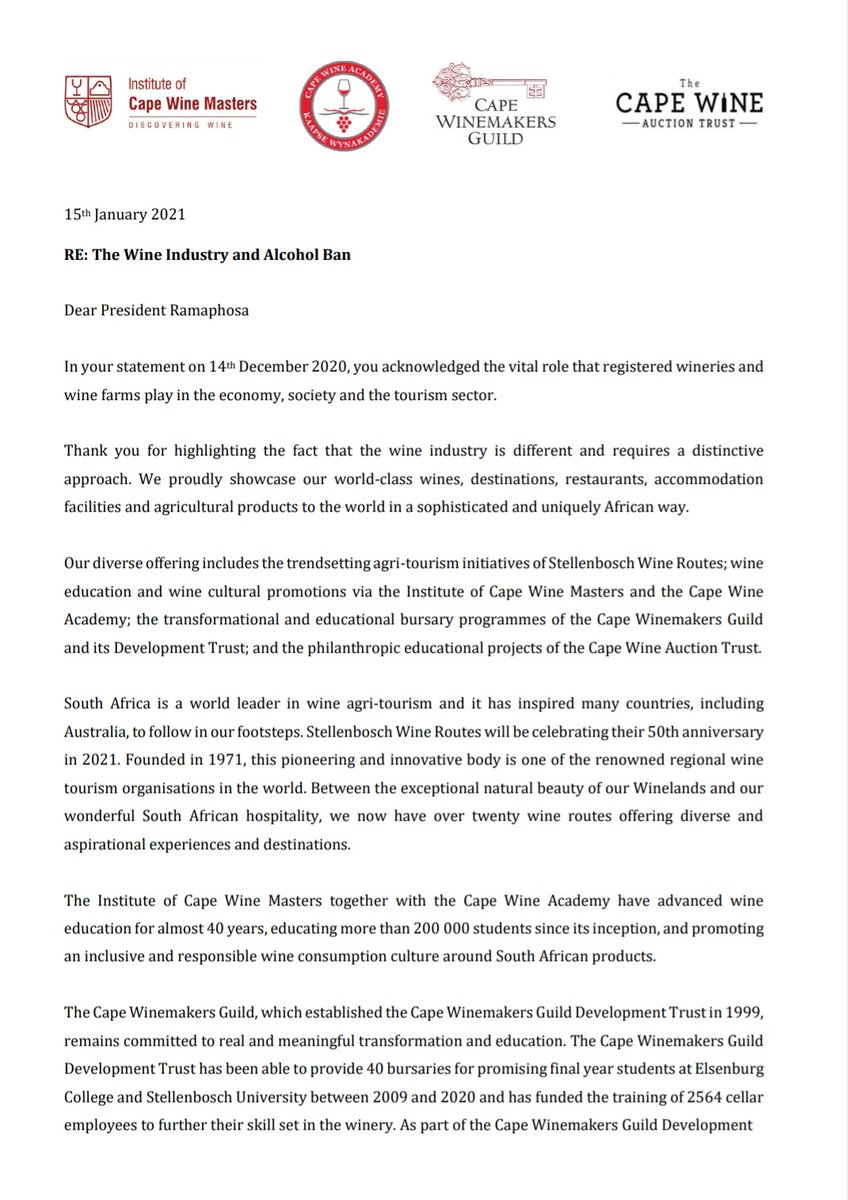MullineuxWines's tweet photo. Let's keep this Open Letter to President @CyrilRamaphosa @PresidencyZA circulating! The alcohol ban isn't just hurting business, it's inhibiting the progress that's been made w/ transformation initiatives already in place to better represent the diversity of this gorgeous country https://t.co/rSFnjc3Cut