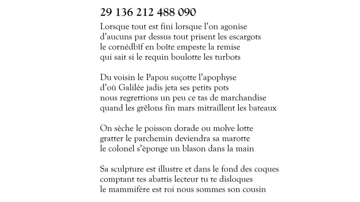Voici le sonnet 29 136 212 488 090 sur 100 000 000 000 000. Il en reste 99 999 999 998 420 à tweeter. https://t.co/u3Ey7GycIY