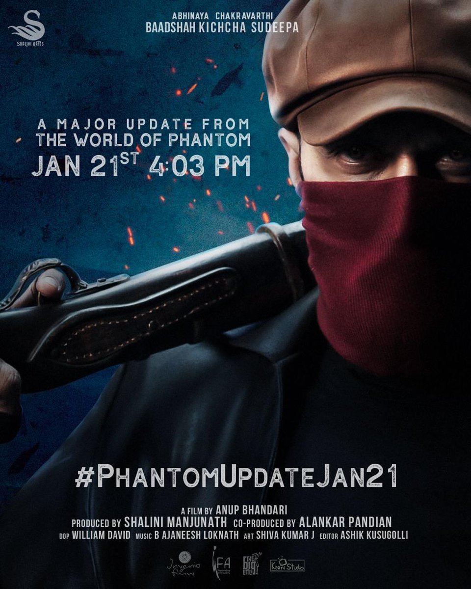 ‘The biggest announcement of them all, LITERALLY!’ on Jan 21 🥂 #PhantomUpdateJan21 #KicchaSudeep @shaliniartss @JackManjunath @anupsbhandari @nirupbhandari @AJANEESHB @neethaofficial @williamdaviddop @Alankar_Pandian