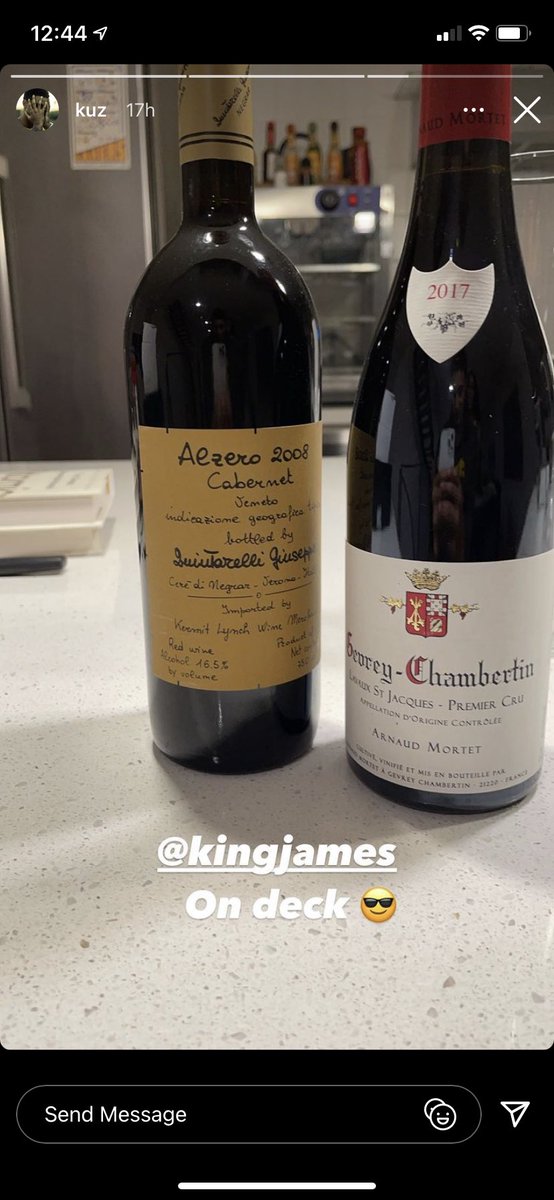 NBA wine  -LeBron had a $150 bottle of Chardonnay with lunch. The bottle is essentially impossible to buy so it could be more $. Kuz- With two bottles that are $680+ total. Letting that new contract BREATHEWant a cheap comp of this? (CONT)