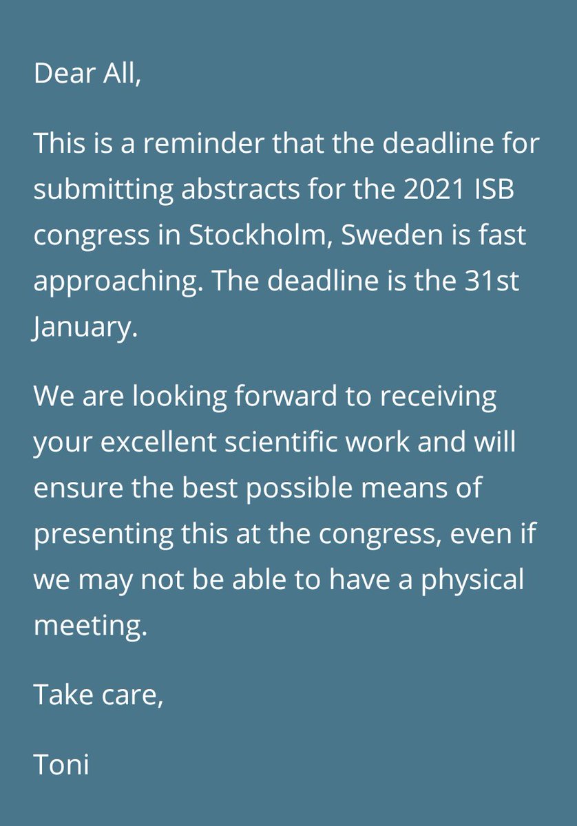 Message from our President Toni. Do Spread the word.

#ISB_2021 #Stockholm #Sweden #BREAKING #UPDATED #Latestnews  #biomechanics #SportsBiomechanics #ClinicalBiomechanics #abstract