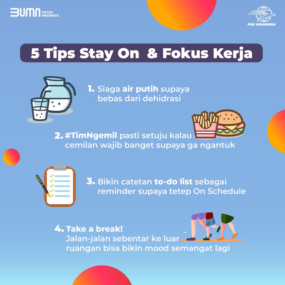 PosIndonesia's tweet photo. Hallo Sahabat Pos, Who's heading back to work?
Mananih yang biasanya kamu lakuin?
Tips diatas semoga bisa bikin kamu tetep stay on dan fokus saat kerja yah!
.
#PosIndonesia
#Qitadekatkan
#TipsPos
#AKHLAK
#FokusKerja
#Execution https://t.co/QXtjX67GJj