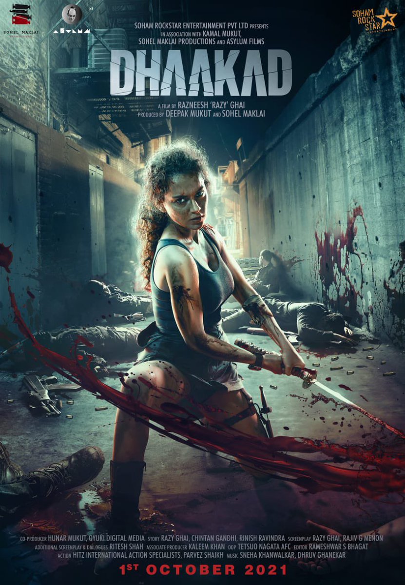KanganaTeam's tweet photo. She is fearless and Fiery! She is Agent Agni 🔥 
India’s first female led action thriller, #Dhaakad releasing in theatres on 1st October 2021!
@SohamRockstrEnt @DeepakMukut @RazyGhai @sohelmaklai @sohailmaklai @AsylumFilms @rampalarjun @divyadutta25 @writish @DhaakadTheMovie https://t.co/M4jmflfoV5