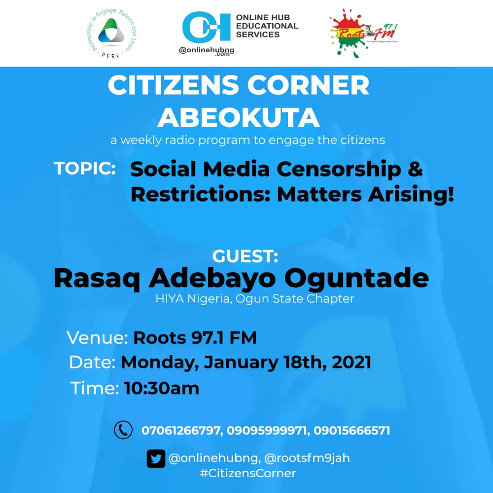 hiyaogunstate's tweet photo. Join @logminimart tomorrow at 10:30am has he discuss on social media censorship and restrictions @rootsfm9jah Abeokuta 97.1FM... https://t.co/Uv02zi2IRf
