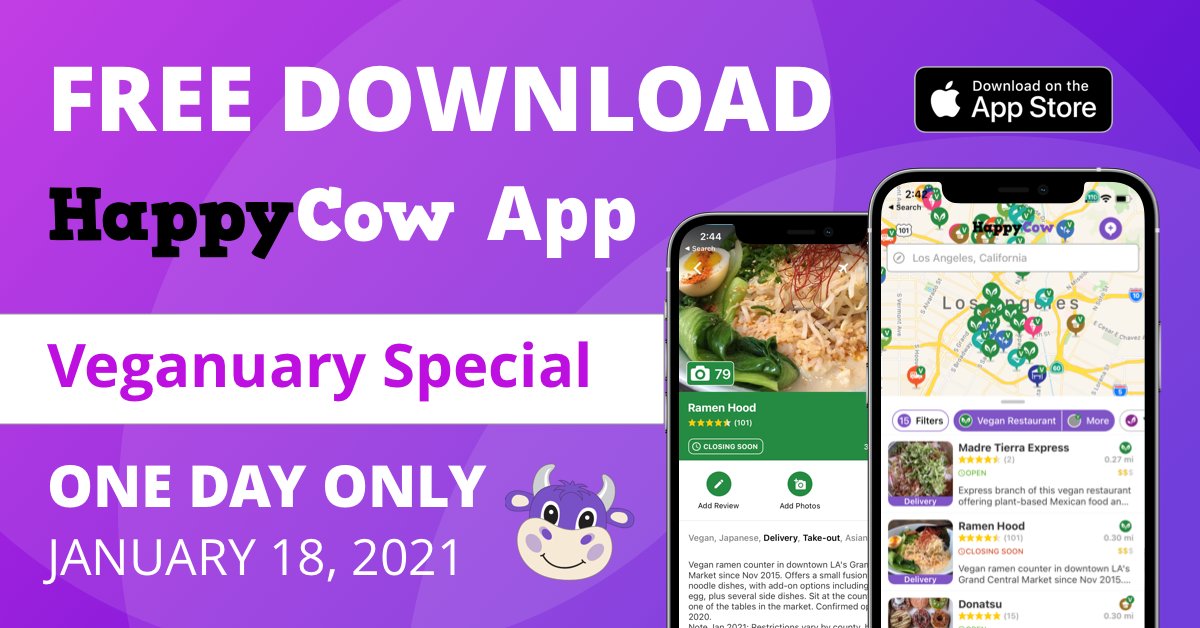 HappyCow's tweet image. We're celebrating @Veganuary by offering the HappyCow iOS App for FREE! apple.co/2n3sNti