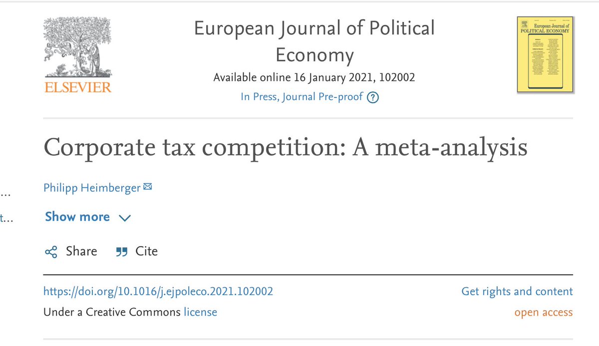 My meta-analysis on corporate tax competition is out in European Journal of Political Economy. The results point to tax competition as a major factor in explaining reductions in corporate tax rates. Data and specification choices affect results: Thread /1 https://www.sciencedirect.com/science/article/pii/S0176268021000033