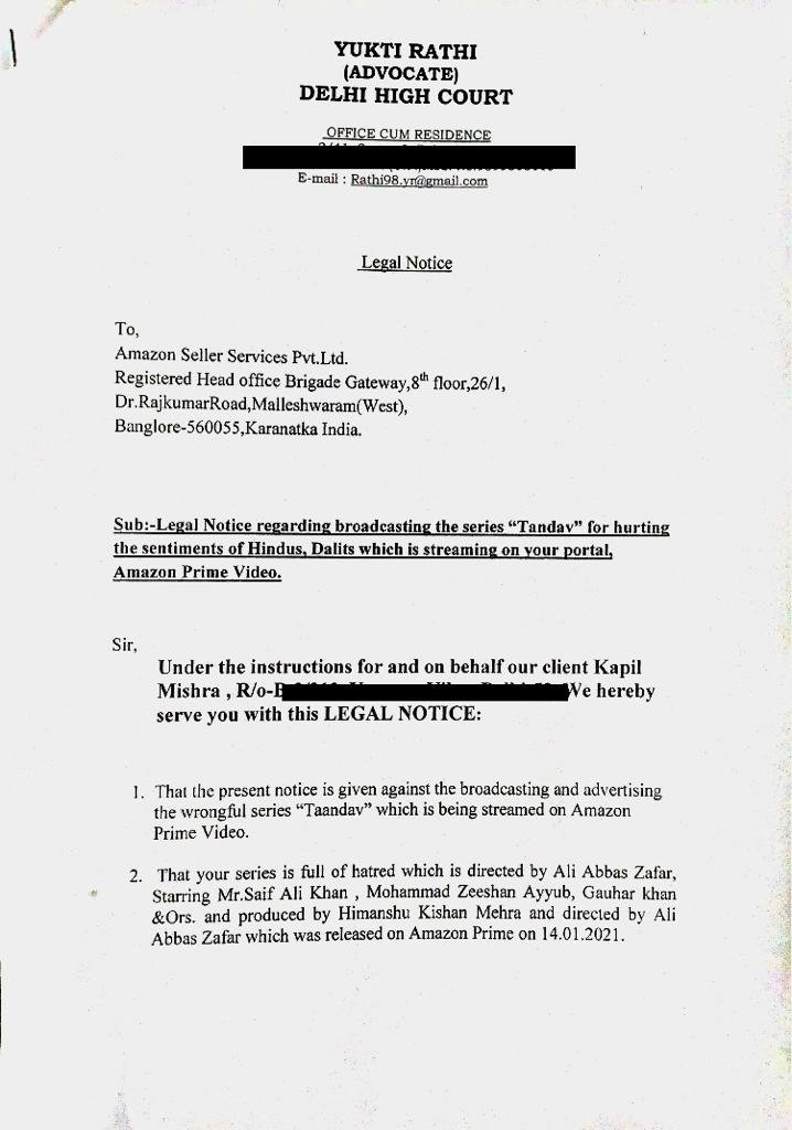 barandbench's tweet photo. BJP leader Kapil Mishra send legal notice to Amazon.
Says "Your series is full of hatred", "inciting and provoking communal disharmony", "jibe at lower caste" and "targeted the entire LAWYERs FRATERNITY.."
#tandavban @KapilMishra_IND #tandavwebseries #Tandav https://t.co/gipBzCmAq3