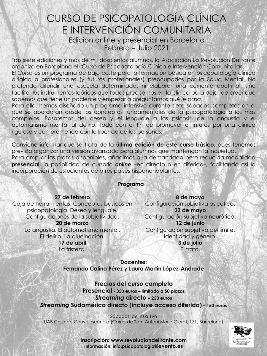 revoldelirante's tweet photo. Abiertas inscripciones. Os esperamos #0contenciones #noalpoderpsi #CursoPsicopatologiaLRD https://t.co/gCbjwlEWvU
