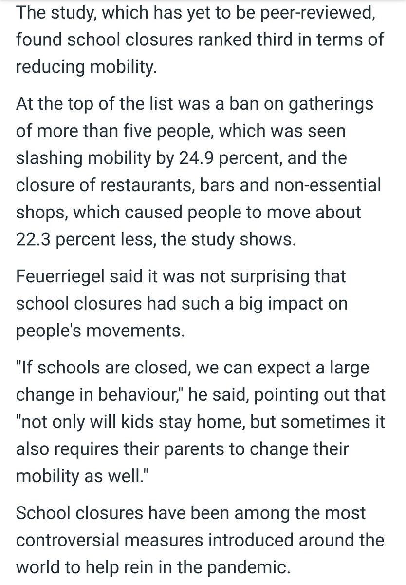 Finally: Swiss school closures cut Covid spread study (not yet reviewed) 3rd overall in reducing mixing/mobilitySchool closures reduce mobility, which then reduces new cases of COVIDThey analysed 1.5 billion movements in Swiss telecomm data Article:  https://medicalxpress.com/news/2021...
