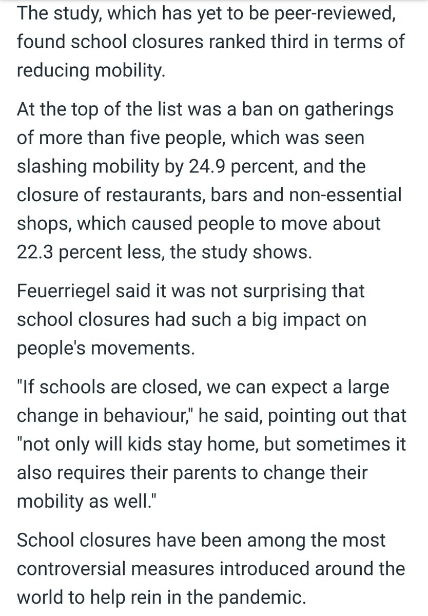 Finally: Swiss school closures cut Covid spread study (not yet reviewed) 3rd overall in reducing mixing/mobilitySchool closures reduce mobility, which then reduces new cases of COVIDThey analysed 1.5 billion movements in Swiss telecomm data Article:  https://medicalxpress.com/news/2021-01-swiss-school-closures-covid.html