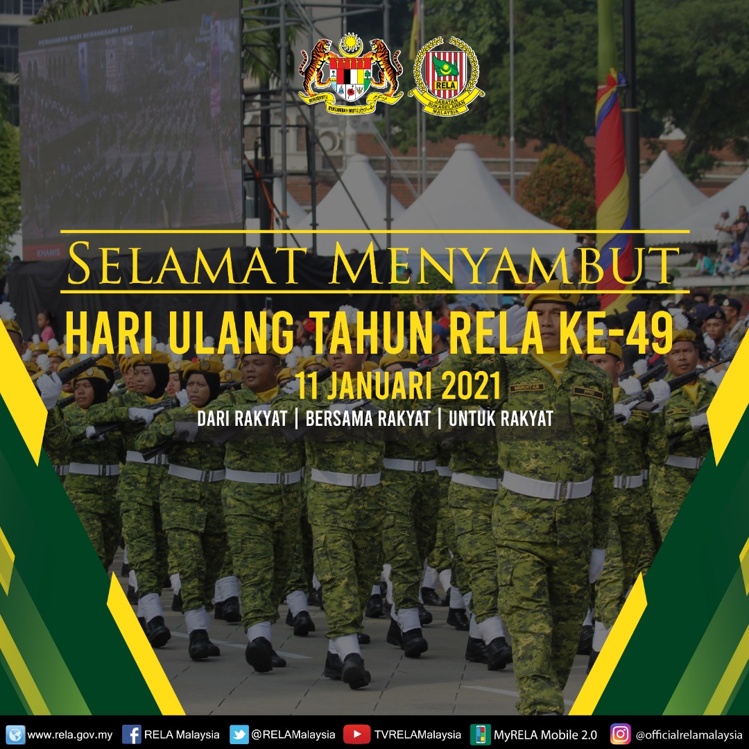 Selamat menyambut Hari Ulang Tahun RELA Ke-49 Tahun 2021.
Semoga seluruh warga RELA Malaysia terus cekal setia berbakti.
"Dari Rakyat, Kepada Rakyat, Untuk Rakyat"