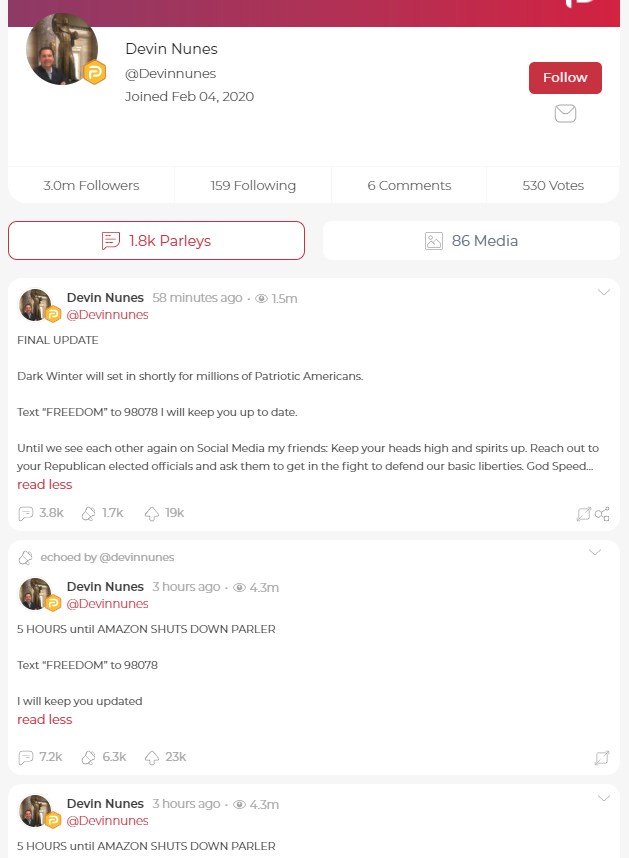 Sad day for  @DevinNunes, who switched practically everything over to Parler in November. He's been doing a dramatic countdown of their final hours: "Dark Winter will set in shortly"  https://parler.com/profile/Devinnunes/posts