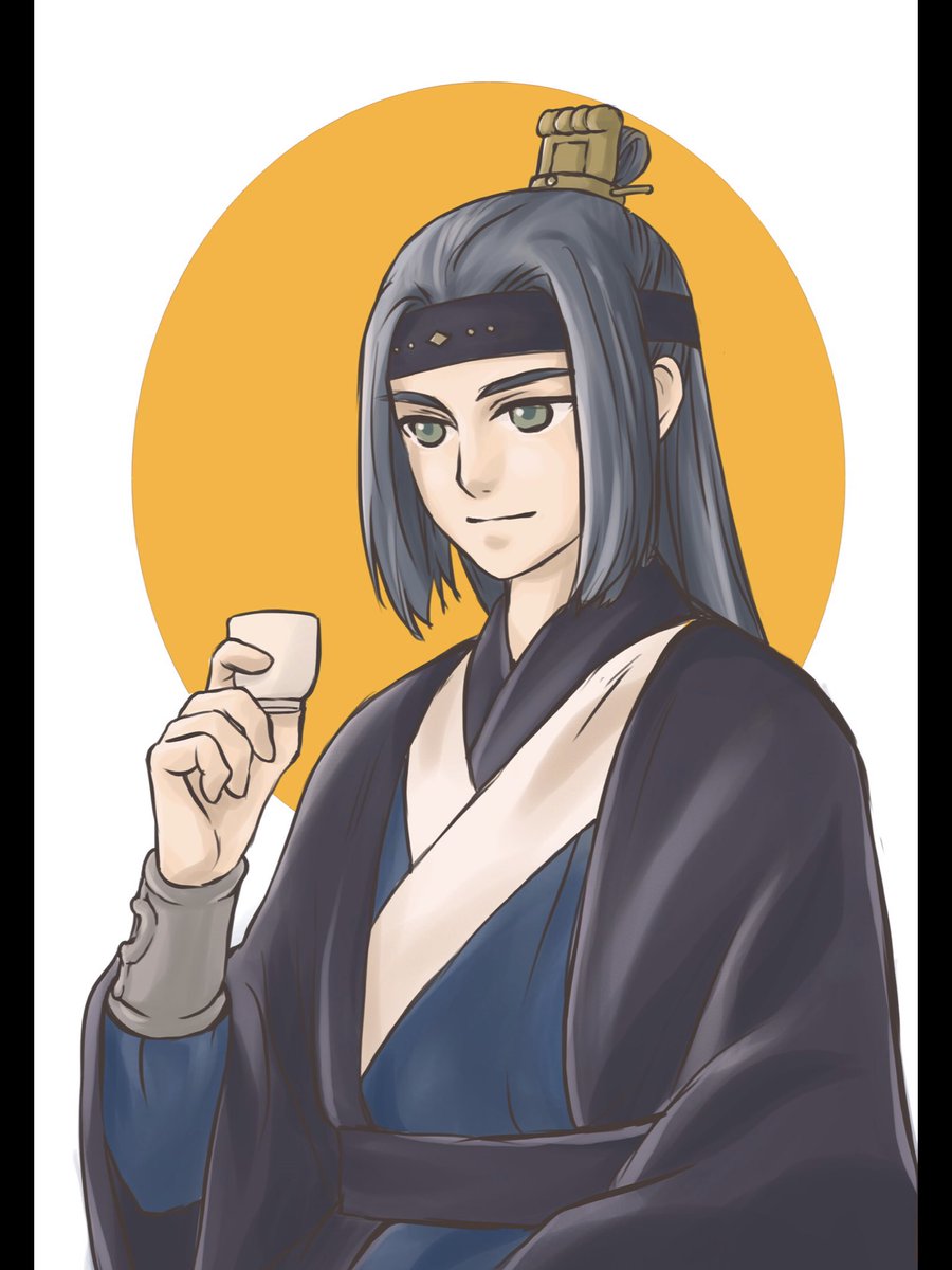 1boy solo male focus long hair smile cup robe  illustration images