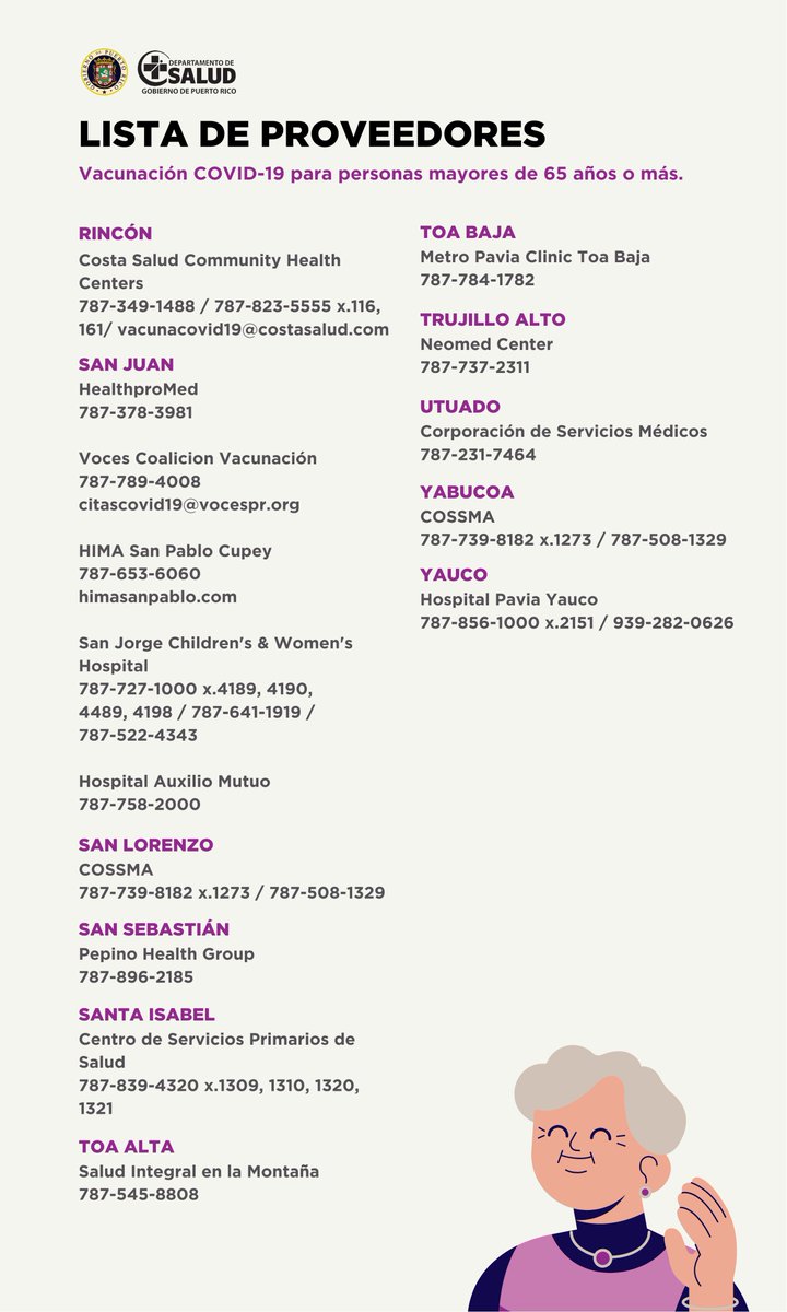 Los adultos mayores comenzarán a vacunarse en los Proveedores de Salud autorizados por cita. Compartimos la lista de proveedores que tienen disponible vacunas o recibirán esta semana. 

Exhortamos a comunicarse con antelación para conocer el día que podrán ser vacunados.