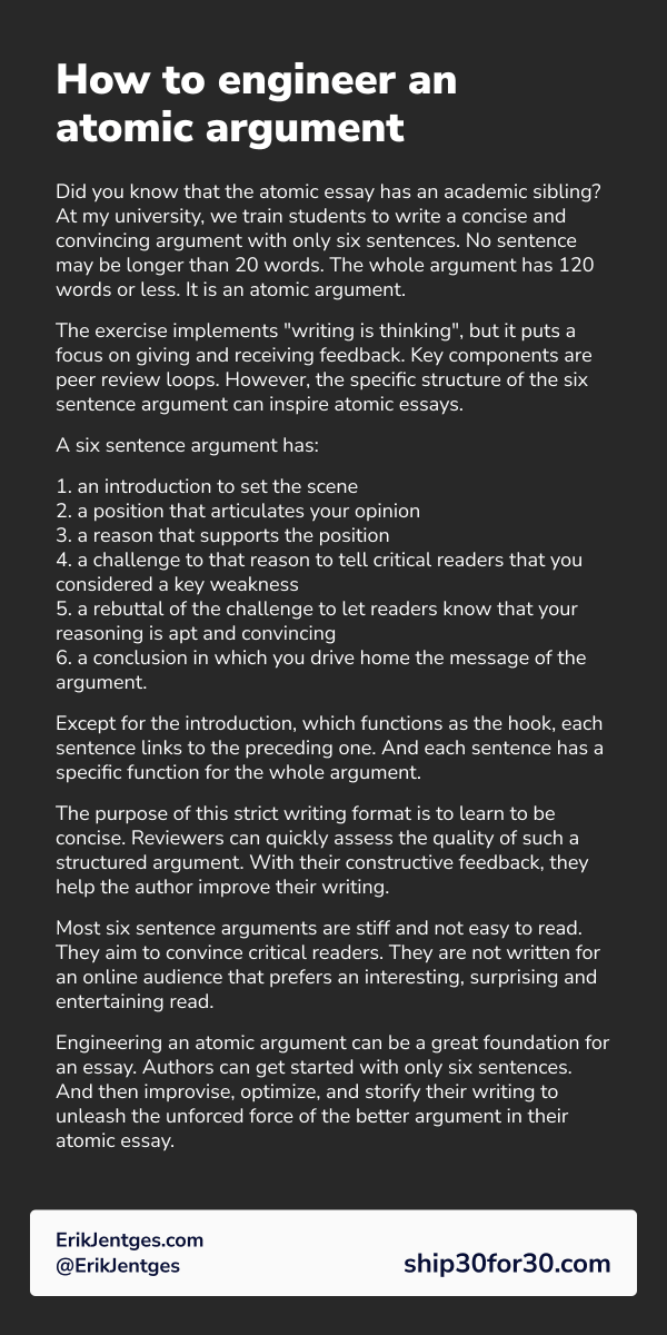 ErikJentges's tweet photo. Did you know that the atomic essay has an academic sibling?
The #6SA is a concise argument in 120 words or less.
How to engineer an atomic argument - with only six sentence.
8/30 👇 #ship30for30 https://t.co/zIJjTpVylM