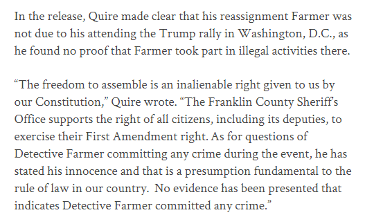 Update to the preceding post: Sheriff Chris Quire (Franklin Co., KY) has reassigned detective Jeff Farmer "to another role in the sheriff's office" and promised an investigation of Farmer's attendance of the Trump riot. He also noted Farmer's 1A rights... https://www.state-journal.com/crime/sheriff-reassigns-detective-criticized-for-attending-trump-rally-accused-of-past-police-misconduct/article_a35b4ea4-5387-11eb-a952-475dbe0dcd13.html