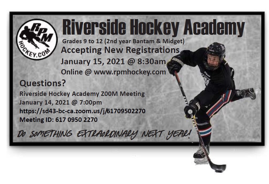Riverside Hockey Academy new parent Zoom meeting this Thursday, Jan 14, 7pm. Check it out! 🏒🥅🏃🏽‍♀️🍎🥕🏋️📚<a href="/RapidEvent/">Riverside Secondary</a> <a href="/rsideathletics/">Riverside Athletics</a> <a href="/PittRiver43/">Pitt River Middle</a> <a href="/HockeyRiverside/">Riverside Hockey Academy</a> <a href="/TerryFox43/">Terry Fox Secondary</a> <a href="/TFSRavens/">Terry Fox Ravens</a> <a href="/PCMHA/">PoCo Minor Hockey</a> <a href="/sd43bc/">School District 43</a> <a href="/TCPredators/">TriCities Predators Female Hockey</a>