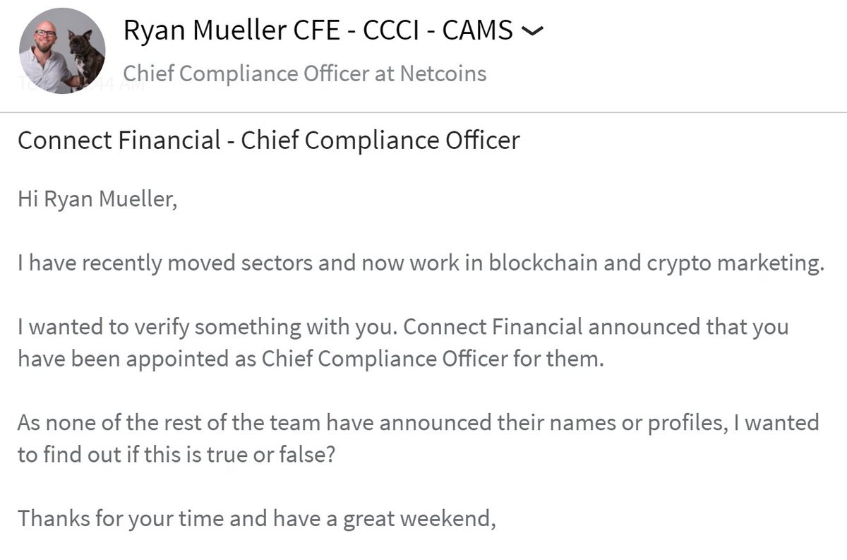 Team: Experience from Crypto, International Banking, Insurance, Credit Services, Precious Metals, Investment Banking, Consumer Lending. The CCO is not anon & I have confirmed this via LinkedIn.You can view his profile here:  https://www.linkedin.com/in/ryan-mueller-cfe-ccci-cams-47988a18/