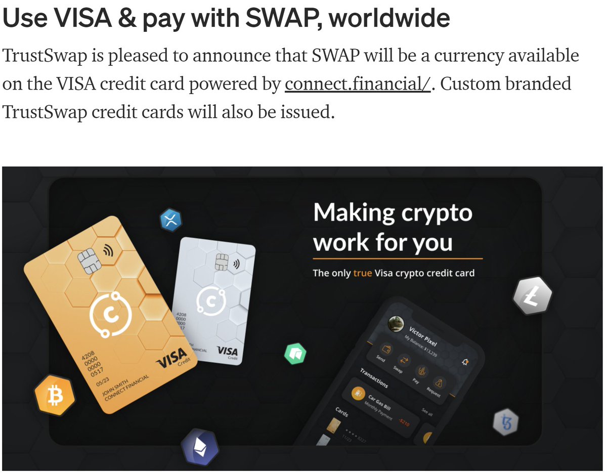 CNFI have partnered with  @axion_network and also  @TrustSwap. There will be  $AXN and  $SWAP branded CNFI cards available.Read more below: $AXN:  https://connectfinancial.medium.com/connect-financial-ama-7ac18bd3d3f $SWAP:  https://trustswap.medium.com/trustswap-visa-integration-w-connect-financial-3022ee3888c3