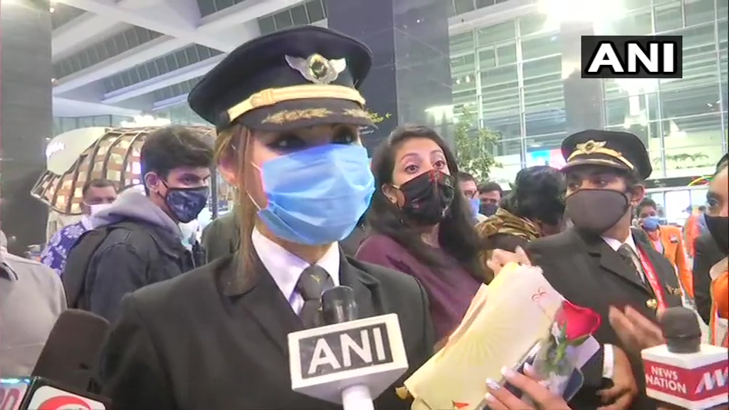 ANI's tweet image. Today, we created world history by not only flying over the North Pole but also by having all women pilots who successfully did it. We are extremely happy and proud to be part of it. This route has saved 10 tonnes of fuel: Captain Zoya Aggarwal at Bengaluru airport