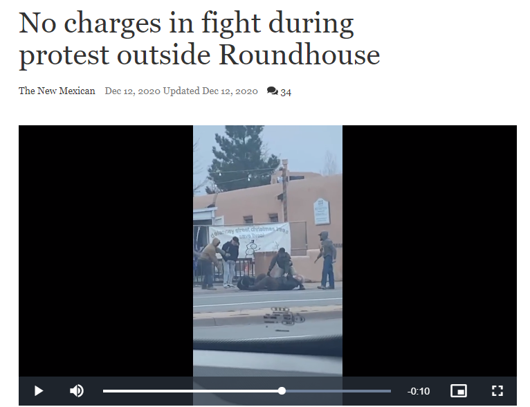 Last month, Trump supporters attacked two antiracist protesters at the Roundhouse. The Santa Fe New Mexican published a short video of the incident, which shows counter protesters being thrown to the ground and beatenWith help from local activists, we identified 3 attackers 1/