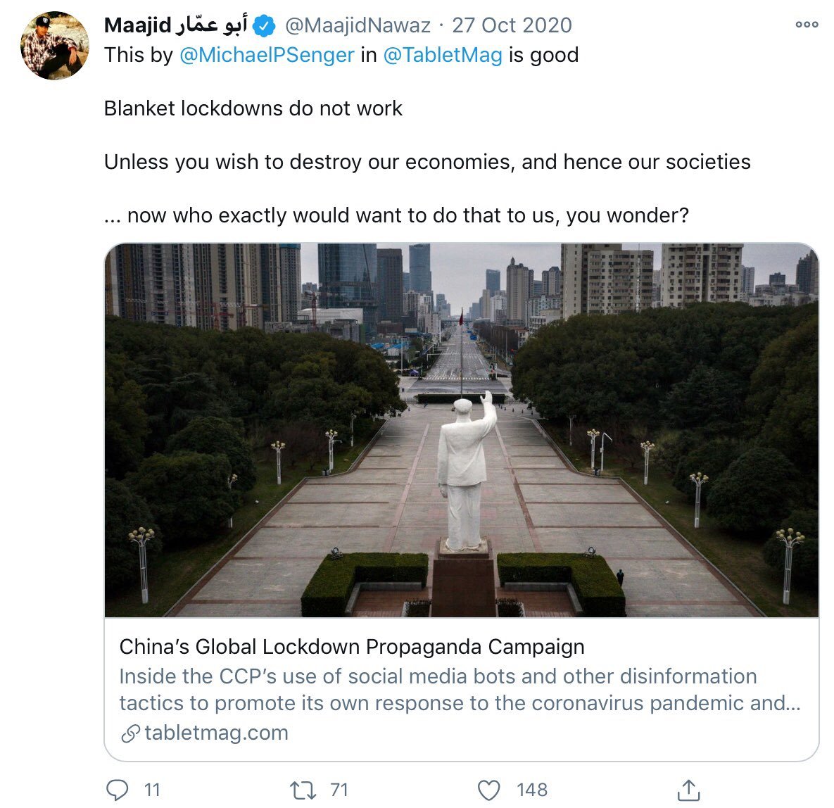 Michael P Senger appears to be a tax attorney in the Greater Atlanta area, having studied accountancy and tax law: "Covid lockdowns aren't science; they're CCP propaganda" is his Twitter handle. Mr Nawaz was a fan of his writing about how we all fell for China's plot.
