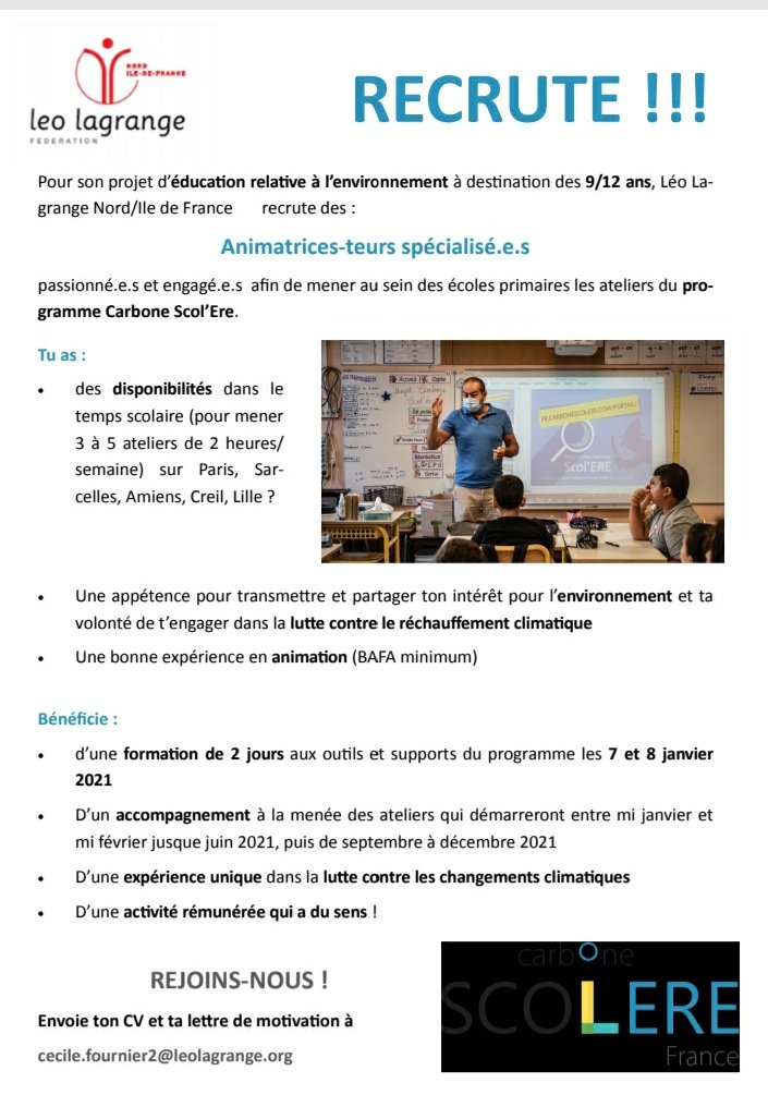 lisejoseph5's tweet photo. Leo Lagrange NIDF recrute des animatrices-teurs pour le programme Scol'Ere à Paris
#Emploi #tempspartiels #environnement #travailétudiant #offredemploi #engagement https://t.co/O7Mj77ZNVB