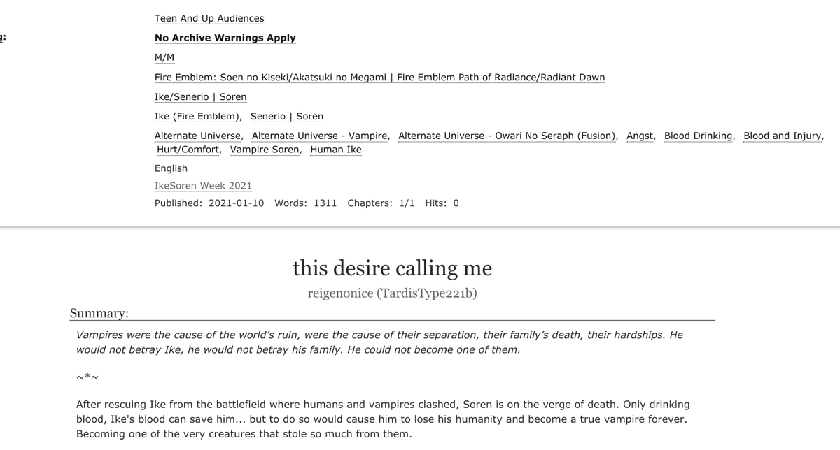 My fic for day 7 of #ikesorenweek2021 - this desire calling me; an Owari No Seraph AU for IkeSoren. (No ONS knowledge necessary to read); Please check it out!

archiveofourown.org/works/28679997
Also my friend <a href="/candleloro/">ia</a> drew me beautiful art(QRT) based on the iconic scene in the S1 OP