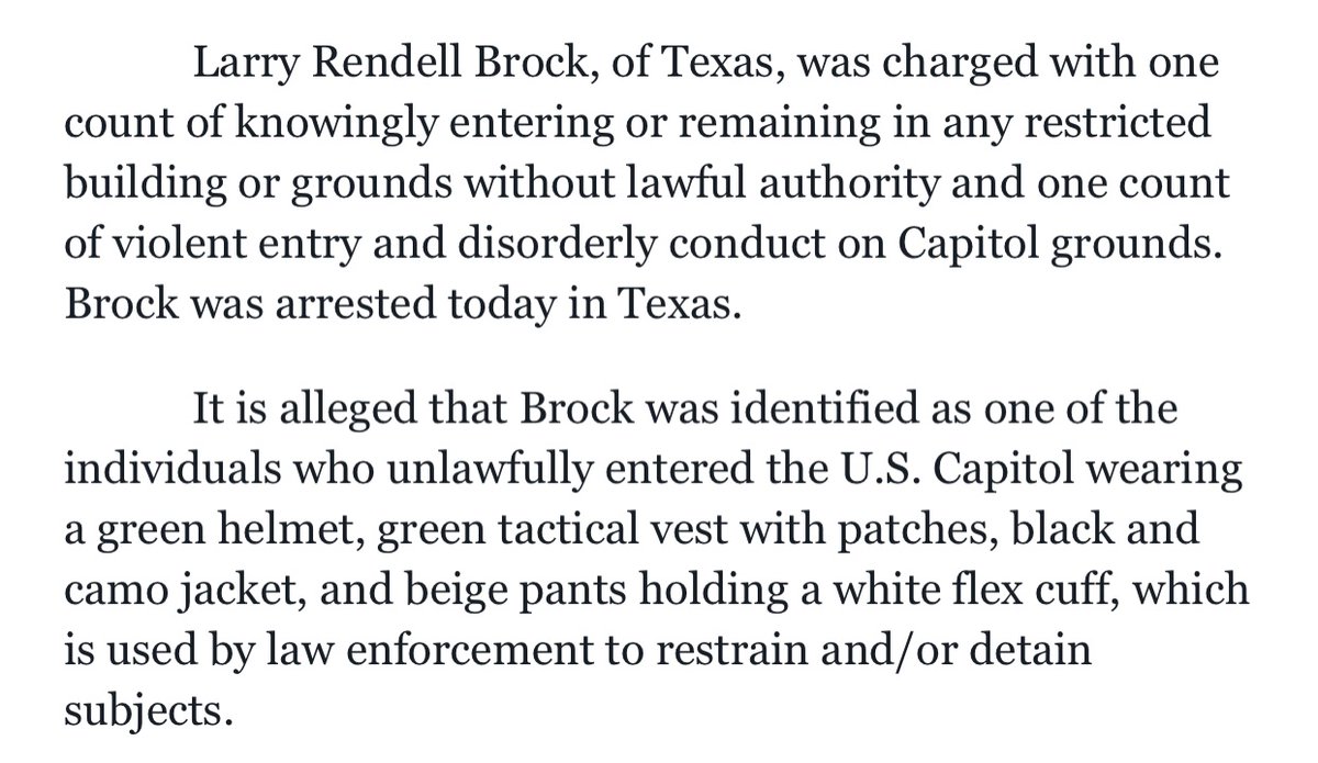 Less than 48 hours after this story ran, Brock was arrested in Texas and charged in federal court. The case will be prosecuted by  @USAO_DC’s Counterterrorism Section and  @TheJusticeDept’s National Security Division. Statements from  @USAO_DC and  @prerakshah_TX below.