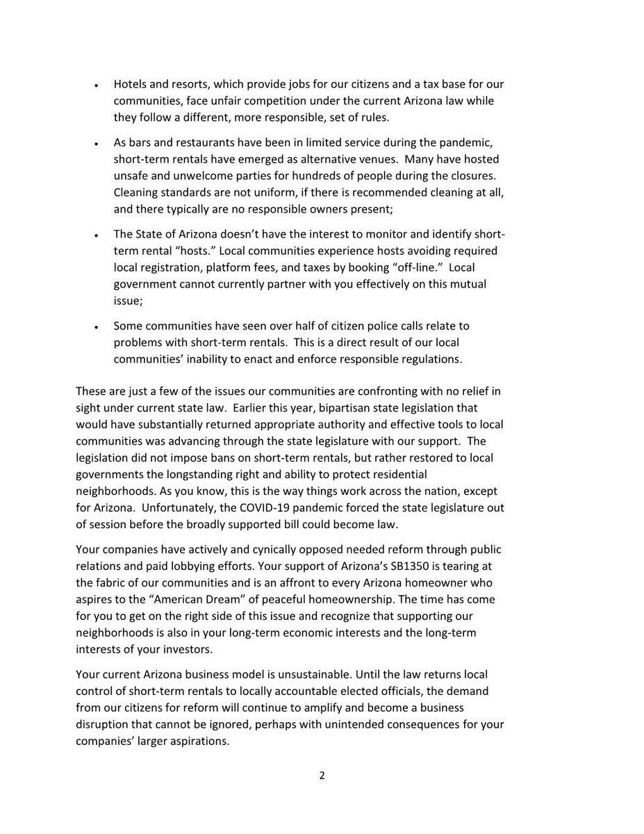 One month ago, mayors from 33  #AZ cities & towns (representing approx. 4.5 million people) wrote the CEOs of  @airbnb and  @expediagroup to ask that their companies stop blocking bipartisan reform of AZ  #STR law they support that guts local residential zoning laws and enforcement.