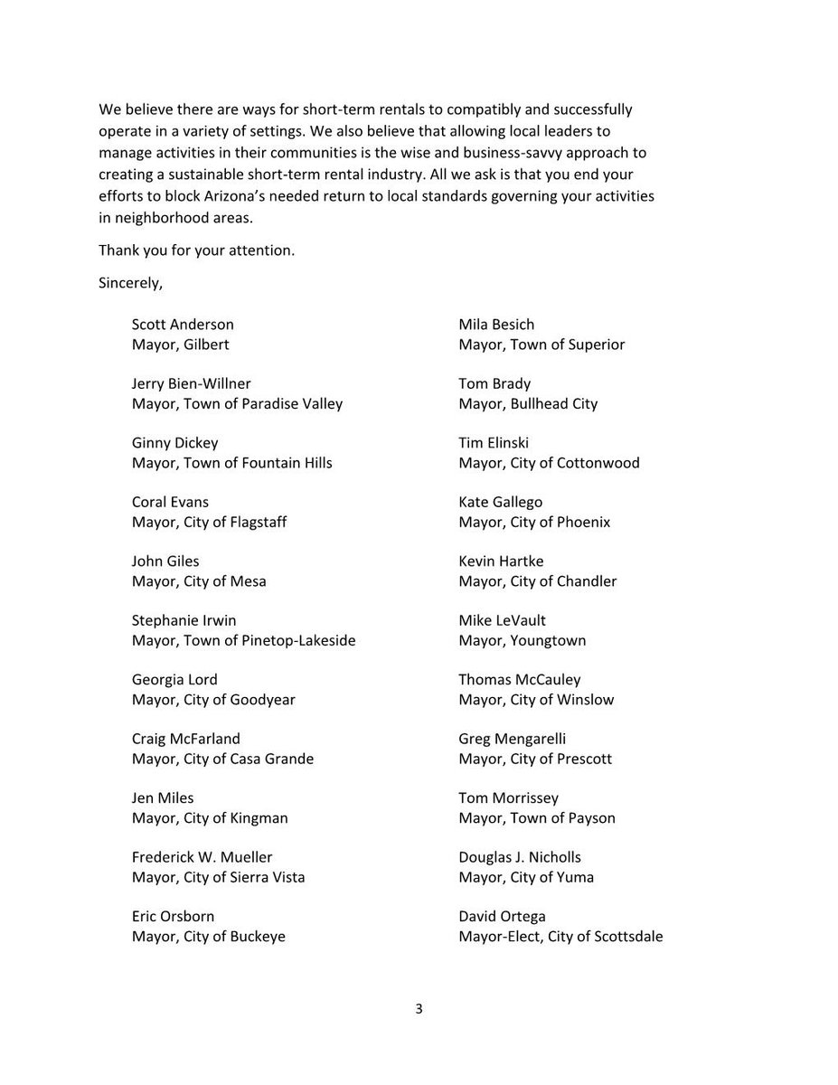 One month ago, mayors from 33  #AZ cities & towns (representing approx. 4.5 million people) wrote the CEOs of  @airbnb and  @expediagroup to ask that their companies stop blocking bipartisan reform of AZ  #STR law they support that guts local residential zoning laws and enforcement.