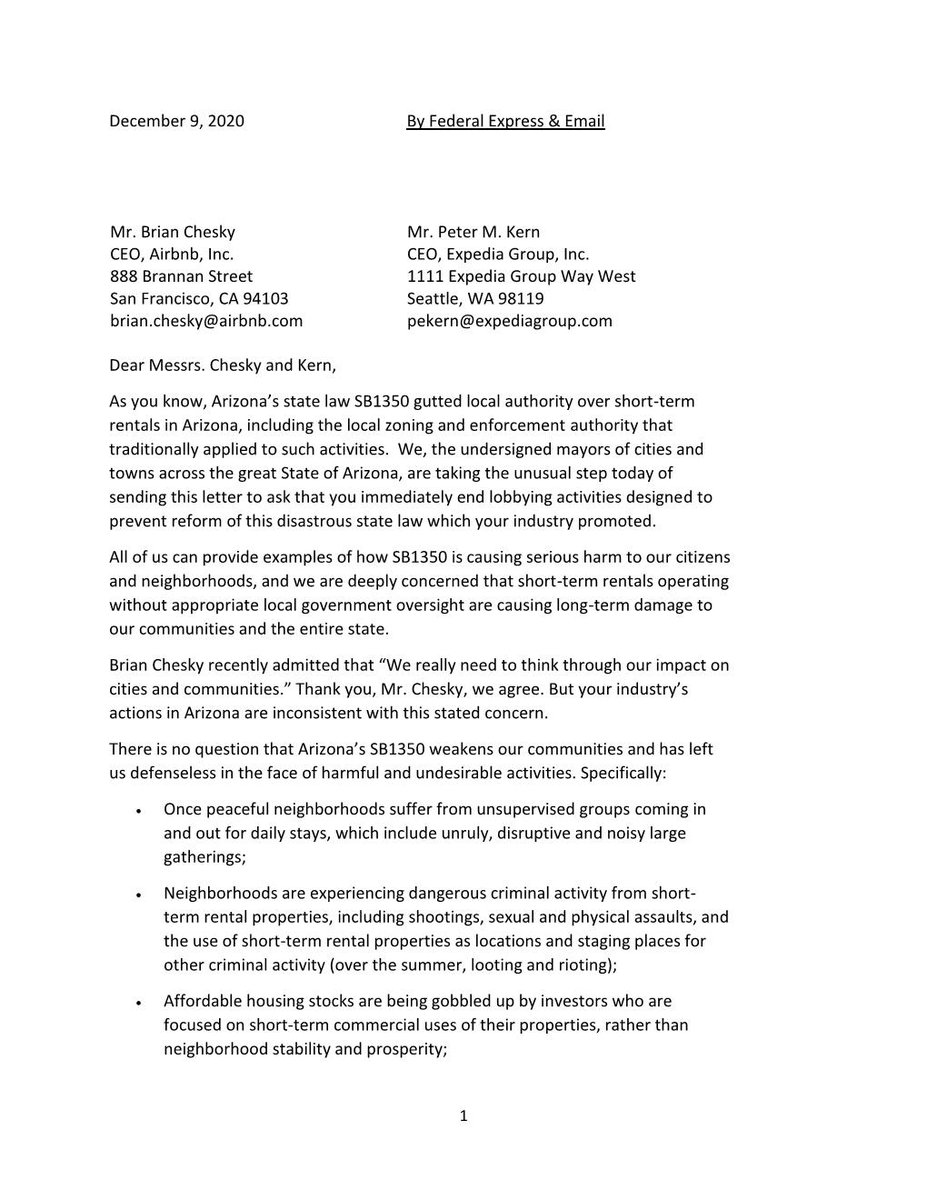 One month ago, mayors from 33  #AZ cities & towns (representing approx. 4.5 million people) wrote the CEOs of  @airbnb and  @expediagroup to ask that their companies stop blocking bipartisan reform of AZ  #STR law they support that guts local residential zoning laws and enforcement.