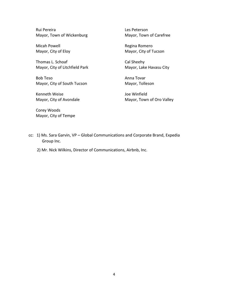 One month ago, mayors from 33  #AZ cities & towns (representing approx. 4.5 million people) wrote the CEOs of  @airbnb and  @expediagroup to ask that their companies stop blocking bipartisan reform of AZ  #STR law they support that guts local residential zoning laws and enforcement.