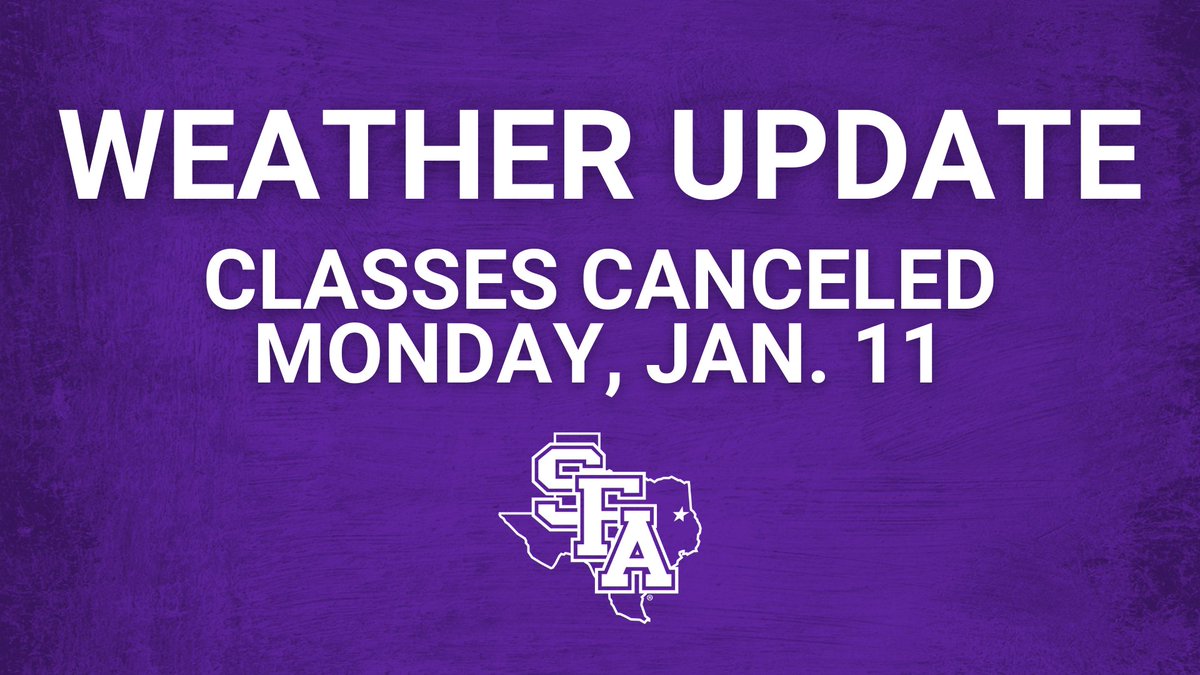 Severe Weather Information – Classes Canceled Monday

Due to the snowfall in the East Texas area today and expectations for continued freezing temperatures, SFA classes and all campus activities scheduled for Monday, Jan. 11, have been canceled.

bit.ly/3jh5oM2