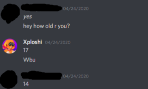 xplosed's tweet photo. Xploshi's (17) first exchanges with the main victim, known as V (14), in April 2017, private Discord server. Conversation quickly turned weird, Xploshi calling him pet names like 'twink'. Important to note Xploshi is in a separate romantic relationship through all of this. https://t.co/H79WIJjRz4