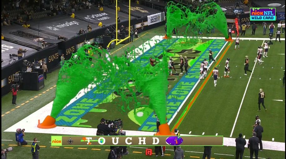 JoshuaX1993's tweet photo. While @LanaZak was doing the news on CBSN, this was unfolding LIVE on its sister network @Nickelodeon during an @NFL Wild-Card playoff game. It's green slime kids๐๐บ๐!!! @CBSNews #AlwaysOn #NickWildCard #NFLNickPlay #SundayFunday @CBSSports @ViacomCBS @SethAndrew @DevinZapka https://t.co/1emuqGKhZj