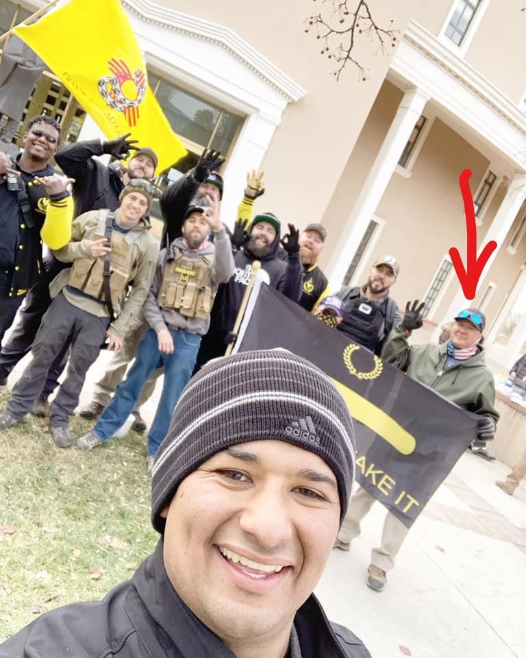 Next, local Real Estate agent J. Vance Kabella. Vance has been a regular at local MAGA events and has ties to the Proud Boys and Bikers for Trump. Pictured: Vance making the white power "ok" sign with the NM Proud Boys at the December 12 rally (the day of the attack) 3/