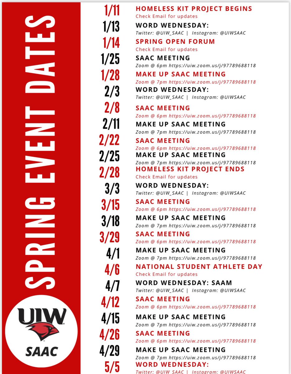 UIW_SAAC's tweet photo. Fellow Cardinals,
Here are the spring event dates for the semester. #GoCards #SAACBUILT https://t.co/8PRq5hbFgu