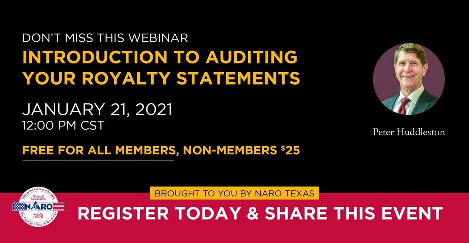 Join the NARO webinar “Introduction to Auditing Your Royalty Statements”

January 21, 2021 - 12:00 PM, CST

Visit the event page naro-us.org/event-4051505 to register. NARO Members can register for free. $25 for non-members

#naro #webinar #mineralroyalties