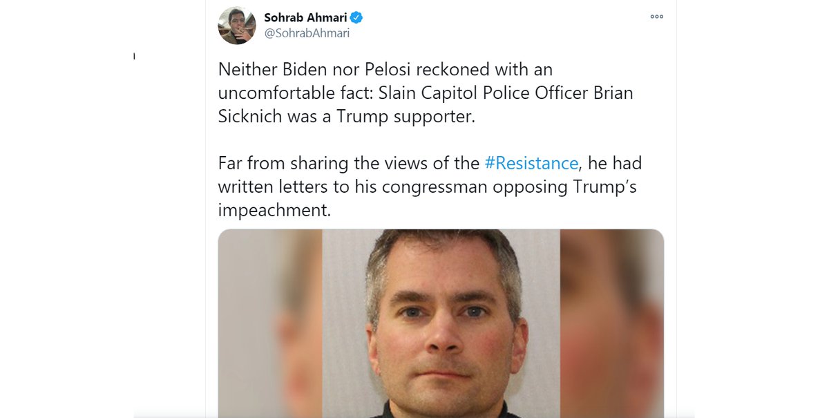 6/ Sohrab Ahmari's a dishonest, self-serving propagandist. Doesn't matter here. What he says here is true, except it's Brian D. Sicknick, not Brian Sicknich. Doesn't matter. Sicknick was murdered during a violation of one of the few places almost all Americans hold sacred.