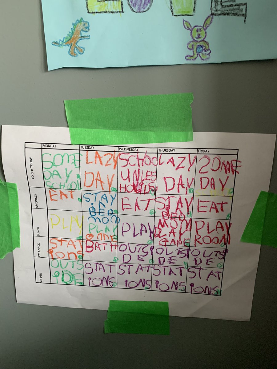 kendrabetes's tweet photo. My kid made a schedule and posted it on my bedroom wall, right beside my bed... 

I think my favourite part is “stay in bed.” As if that EVER happens at my house.

#EarlyRisers #WeRunATightShip #MoreLikeAPirateShip #IfYouDontSwearAreYouEvenAParent https://t.co/CxSUWQnfxF