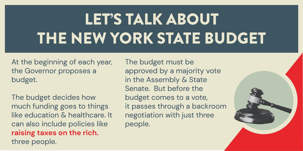 Every year, our state reps pass a budget that funds our schools, hospitals, roads, and more. This is the money that fuels our state and provides working-class people with vital public services. While it must be approved by a majority, the details are decided by 3 people. (2/4)