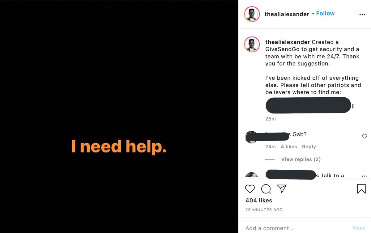 3. Ali Alexander is now on Instagram pleading for funding to get 24/7 security.