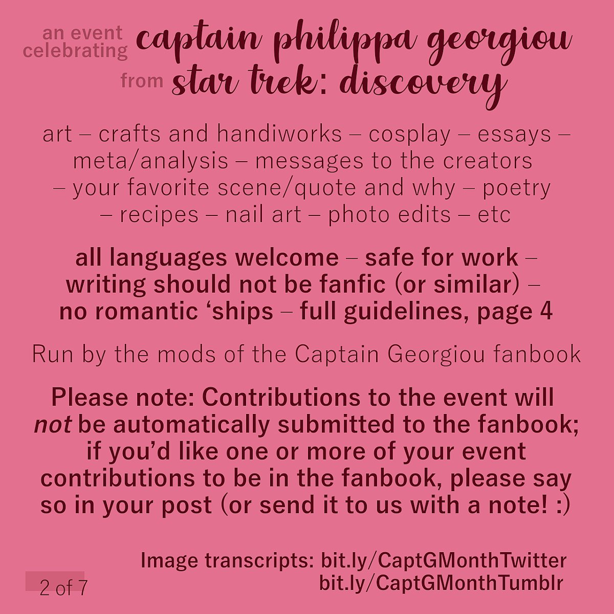 werecptgeorgiou's tweet photo. (1/3) We’re excited to get ready to kick off Captain Georgiou January - February, an event month with fanworks, prompts, &amp; activities! Sign-ups open. Transcripts - All 7 images in thread: https://t.co/gnPOMG2CxC | Calendar: https://t.co/ACqKLtVHPO | About: https://t.co/InhaBSQmPn https://t.co/duxC6nozjJ