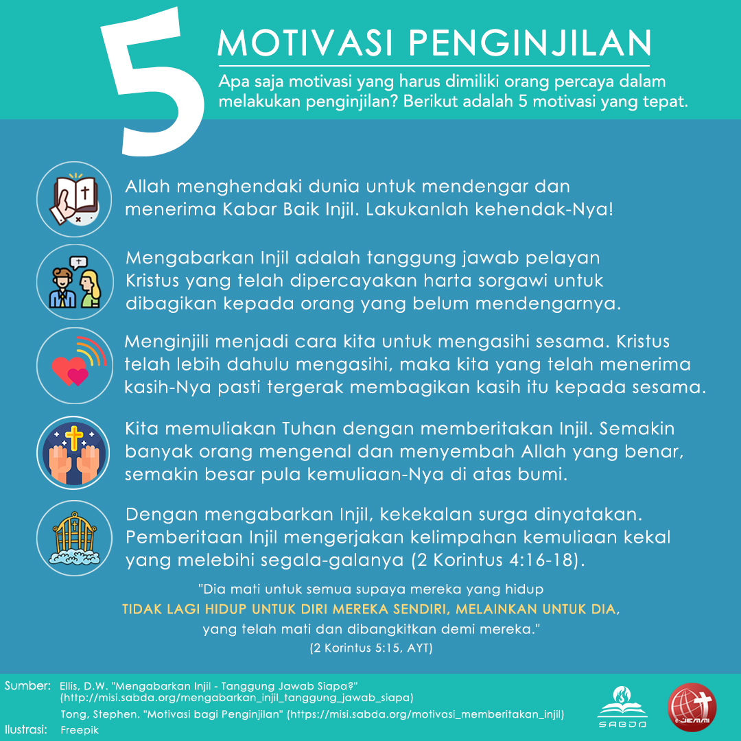 Motivasi yang murni dan hati nurani yang suci adalah salah satu penyebab paling penting bagi suksesnya pelayanan kita. Kalau begitu, apakah sebenarnya motivasi yang murni dalam penginjilan?
Selengkapnya, dalam infografik e-JEMMi berikut.