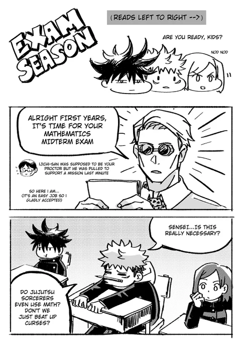 EXAM SEASON!
a fancomic about.. math... (1/2)
starring test proctor nanami, team one brain cell, and galaxy brain gojo

❗warning manga spoilers❗
#jujutsukaisen #呪術廻戦 